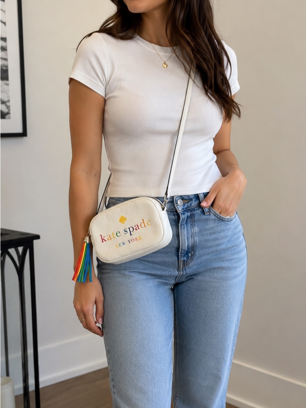 kate spade White Leather Crossbody Bag with Rainbow Tassel